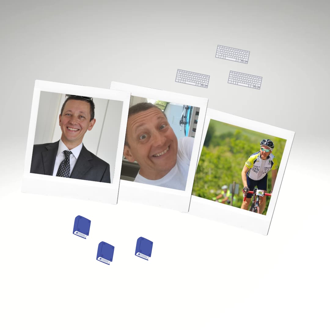 Tre fotografie con cornice di Alessandro Argentiero, sfondo con gradiente e tastiere e libri come elementi grafici